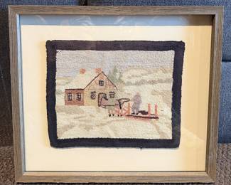 Vintage Framed Folk Art Hooked Rug Textile - Winter Sleigh Scene - Tremblay Style