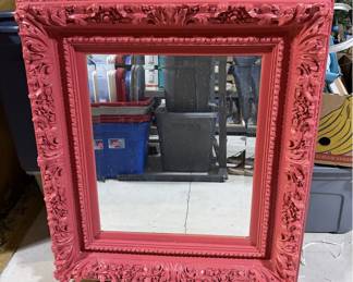 Large Ornate Baroque-Style Wall Mirror - Glossy Coral Red Frame with Floral Scrollwork