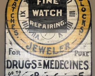 Large Hand-Painted Wooden Advertising Sign - Fobs Watches, Clocks & Corner Drug Store - photo 3