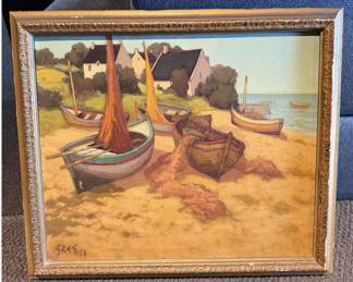 Vintage 1966 Signed GREG 66 Coastal Fishing Boats Oil Painting - Framed Maritime Artwork