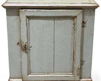 Antique Primitive Farmhouse Wooden Cabinet - Sage Green Paint & Single Paneled Door