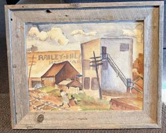 E. Reyes Signed Folk Art Painting - Railey-Milam Industrial Scene - Rustic Wood Frame