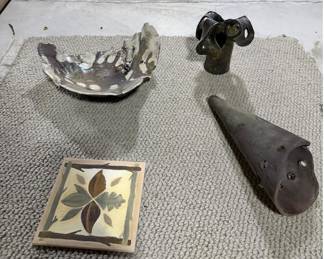 Four-Piece Studio Art Pottery Collection - Abstract Sculptures, Ceramic Bowl & Decorative Tile