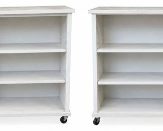 Pair of White Wooden Rolling Bookshelves - Multi-Tier Storage & Display Shelving