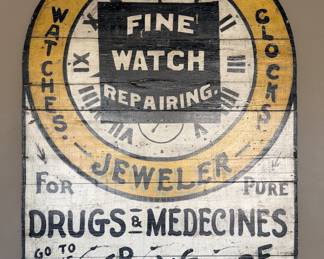 Large Hand-Painted Wooden Advertising Sign - Fobs Watches, Clocks & Corner Drug Store
