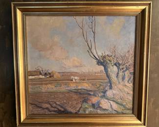 Borge C. Nyrop Signed Oil Painting - Danish Rural Landscape with Pollarded Trees & Farm Fields