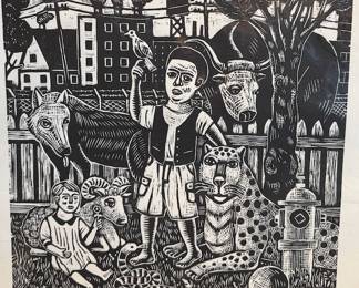 Rick Beerhorst Signed Peaceable Kingdom Original Black & White Woodcut Print