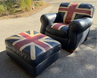 Custom Upcycled Black Leather Armchair & Ottoman - Hand-Painted British Union Jack Design