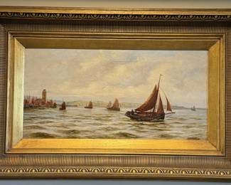 Signed Original Maritime Oil Painting - Historic Sailing Harbor Scene in Ornate Gold Frame