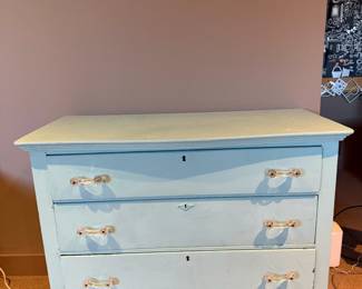 Vintage Solid Wood Three-Drawer Dresser - Light Blue Painted Finish & Glass Pulls