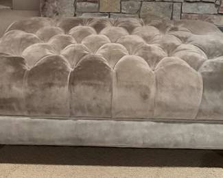 Lee Industries Oversized Green Suede Leather Ottoman - Deep Button Tufting & Casters