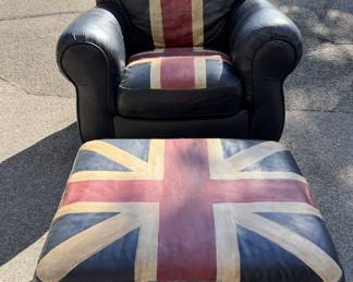 Custom Upcycled Black Leather Armchair & Ottoman - Hand-Painted British Union Jack Design - photo 2