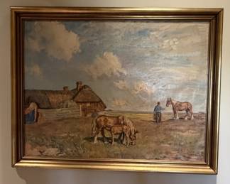 Christopher Nyrop Signed Oil Painting - Rural Farmstead with Horses, Foal & Thatched Cottage