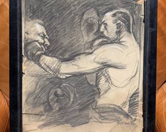 Vintage Framed Signed Boxing Charcoal Drawing - Possible Joe Louis / Bodley