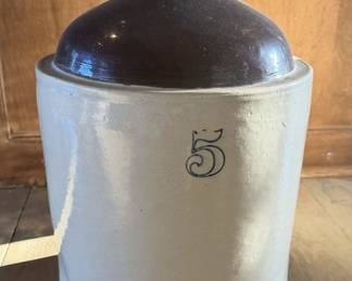 Antique 5-Gallon Stoneware Jug - Cobalt Blue Number 5, Brown Albany-Style Glazed Shoulder