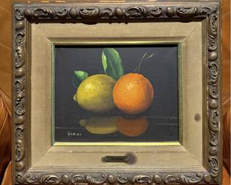 Antonio Gusini Signed Original Oil Painting - Lemon & Orange Still Life - Ornate Frame