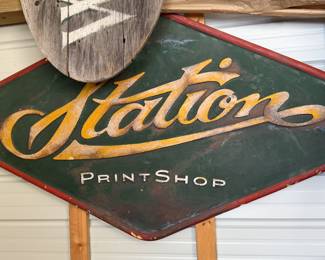 Large Vintage - Station - Print Shop Sign - Diamond-Shaped Metal Advertising w/ Raised Letterin - photo 2