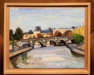 Rick Beerhorst Signed 2020 Original Painting - Arched Stone Bridge & River Cityscape