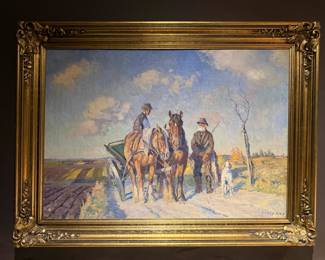 Borge C. Nyrop Signed Original Oil Painting - Horse-Drawn Farm Scene - Ornate Gold Frame