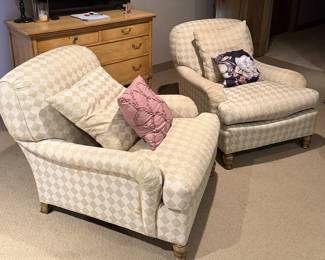 Pair of Frederick Edward Cream & Beige Diamond-Pattern Upholstered Armchairs