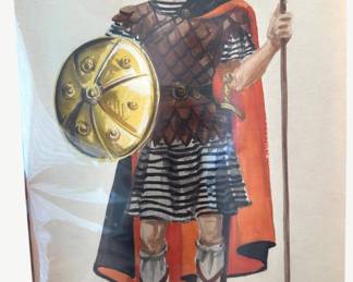 Signed warrior costume study — spear and shield