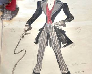 Stilt-walking ringmaster — costume drawing with fabric swatches