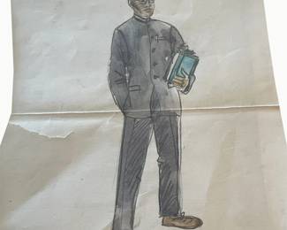 Chinese man in grey tunic with blue book — costume study
