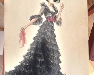 B. Livingston-signed costume study — black tiered lace gown