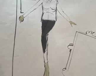 White blouse and dark trousers — interior costume study