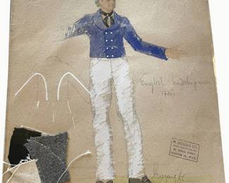English midshipman in blue jacket with fabric swatches