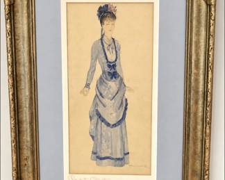 Claudette Colbert-inscribed period-gown costume rendering in gilt frame