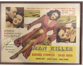 Barbara Stanwyck inscription — Man Killer poster/card