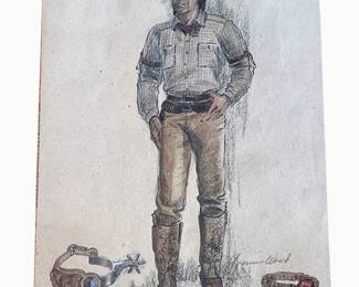 Yvonne Wood — checked-shirt cowboy with spur and sleeve-garter studies