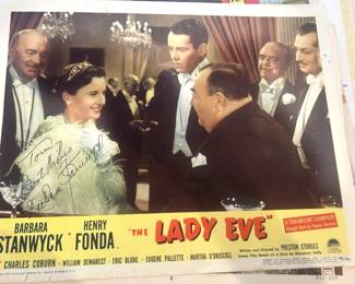 Barbara Stanwyck inscription — The Lady Eve reissue card