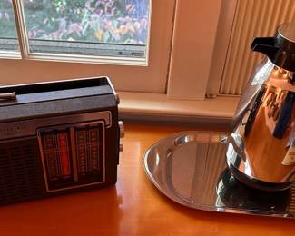 GE radio and water pitcher