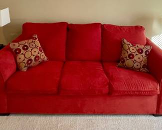 QUEEN SLEEPER - FLAT SUEDE (RED CIRQUE SANGRIA), END TABLES, LAMPS, THROW PILLOWS