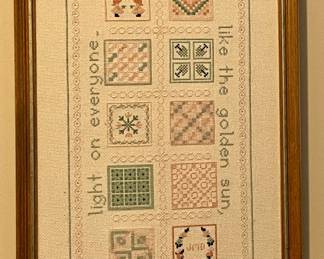 FRAMED CROSS-STITCH QUILT BLOCK SAMPLER/POEM