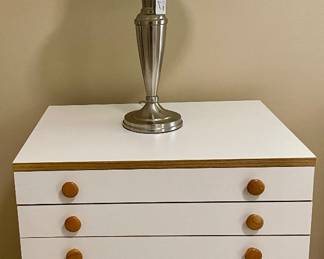 CRAFTING CHEST ON CASTERS, TABLE LAMP