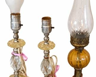 Glass lamps (3) – small clear glass lamps & amber oil lamp with chimney | Lot 1135, bids start at $15