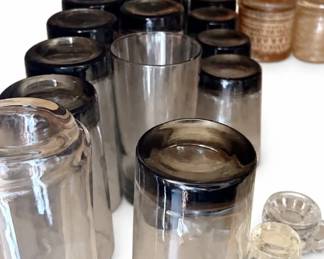 Drinking glass lot – tumblers, Christmas tree glassware, carafe, woven holders | Lot 1032, bids start at $10