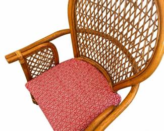 Pair of rattan armchairs with red cushions – wicker-style chairs | Lot 1154, bids start at $25