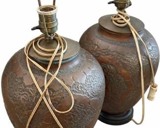 Pair of urn table lamps – dark urn lamps with landscape decoration (no shades) | Lot 1132, bids start at $20