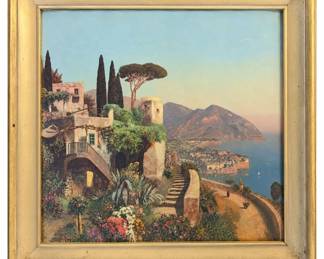 Framed coastal landscape art – Mediterranean scene, ornate gold frame | Lot 1165, bids start at $5