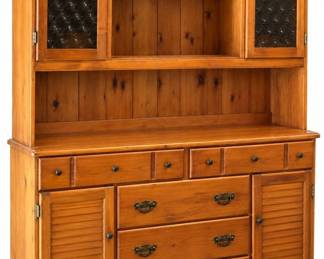 China hutch / display cabinet – honey finish hutch, diamond glass doors, drawers & louvered base | Lot 1018, bids start at $40