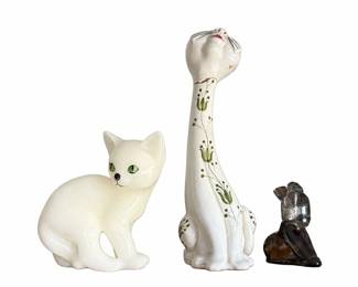 Ceramic cat figurines (2) & angel figure – white cats with green eyes | Lot 1121, bids start at $5