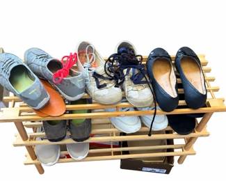 Shoe lot with wood shoe rack – Skechers memory foam, sneakers, flats, shoe organizers | Lot 1071, bids start at $10