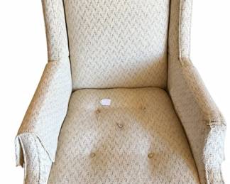 Pair of wingback armchairs – cream patterned, wood legs, upholstery project | Lot 1076, bids start at $10