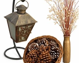 Fireplace / hearth decor – candelabra with pillar candles, lantern, pinecone basket | Lot 1211, bids start at $10