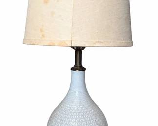 White ceramic table lamp on wood base with drum shade (shade as-is) | Lot 1074, bids start at $5