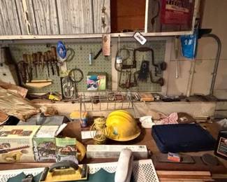 Vintage hand tools – brace drills, hand saw, chisels, wood-handled tools | Lot 1164, bids start at $10